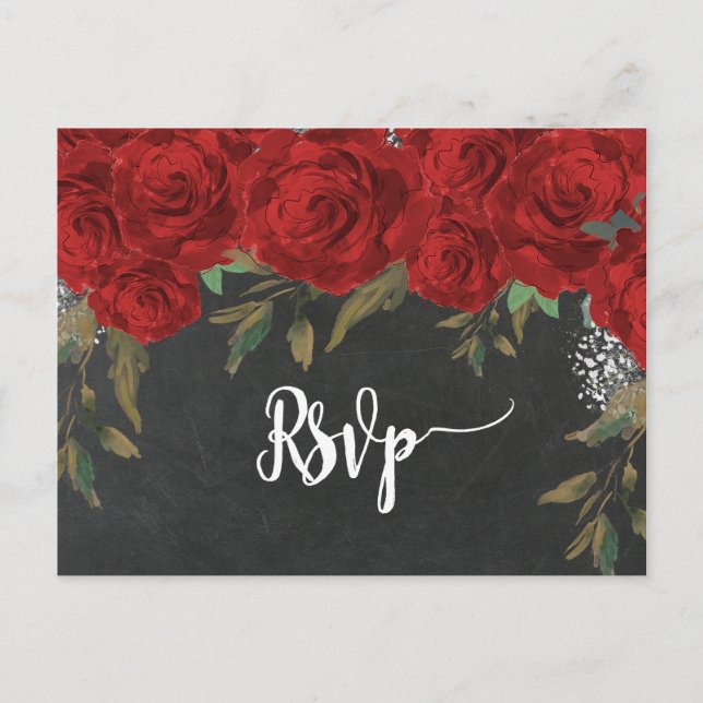 red roses florals wedding rsvp postcard (Front)