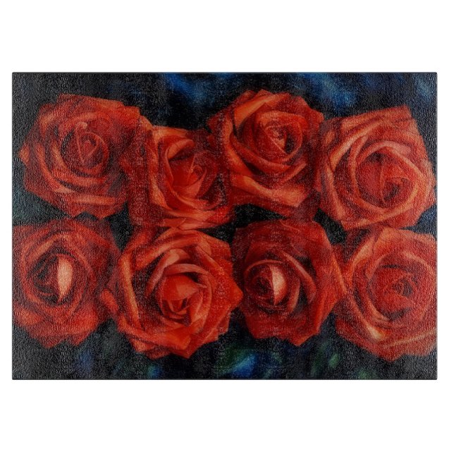Red Roses Flower Art Glass Cutting Board (Front)