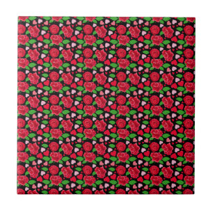 Red Roses Flower Lover Hearts Happy Valentines day Tile