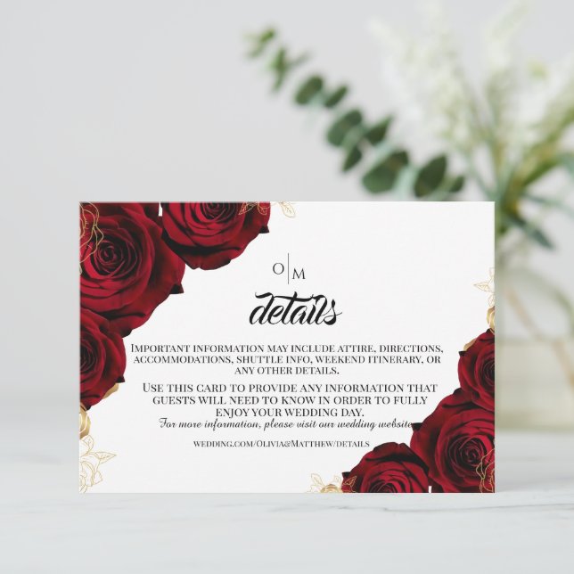 Red Roses Flowers Details Wedding  Enclosure Card (Standing Front)