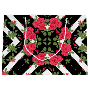 Red roses flowers floral kaleidoscopic black white large gift bag