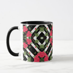 Red roses flowers floral kaleidoscopic black white mug