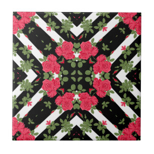 Red roses flowers floral kaleidoscopic black white tile