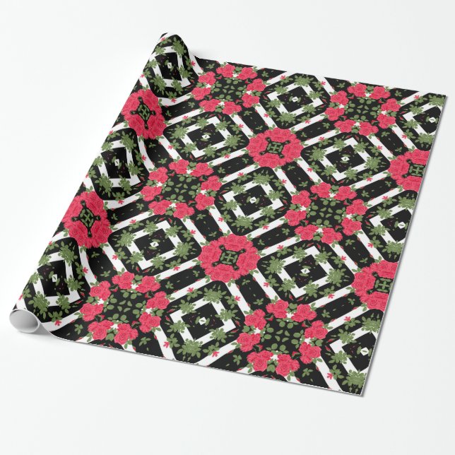 Red roses flowers floral kaleidoscopic black white wrapping paper (Unrolled)