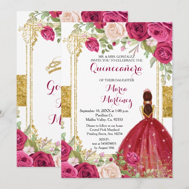 Red Roses Flowers Gold Quinceanera Invitation (Front/Back)