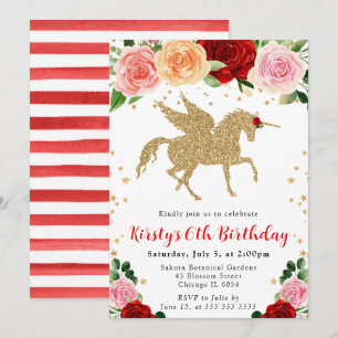 Red Roses Flowers Gold Unicorn Birthday Party Invitation