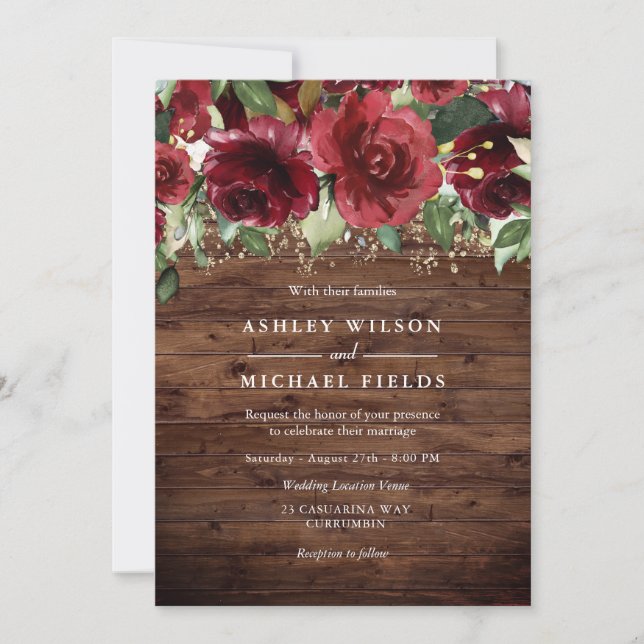 Red Roses Flowers Rustic Country Wedding Invitation (Front)