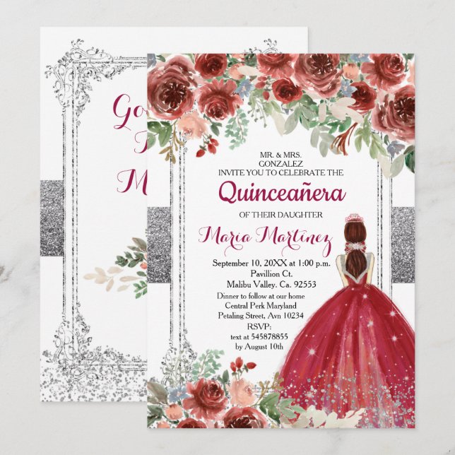 Red Roses Flowers Silver Quinceanera Invitation (Front/Back)