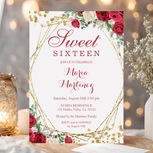 Red Roses Flowers Sweet 16th Birthday Invitation (Creator Uploaded)