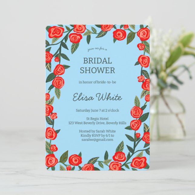 Red Roses Frame Bridal Shower CUSTOM QR Code Invitation (Standing Front)