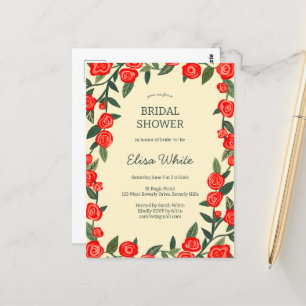 Red Roses Frame Bridal Shower CUSTOM QR Code Postcard