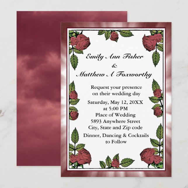 Red Roses Frame Image with Light Red Cloud Wedding Invitation (Front/Back)