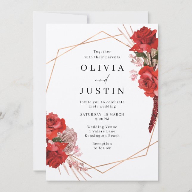 Red Roses Geometric Metallic  Silver Wedding Invitation (Front)