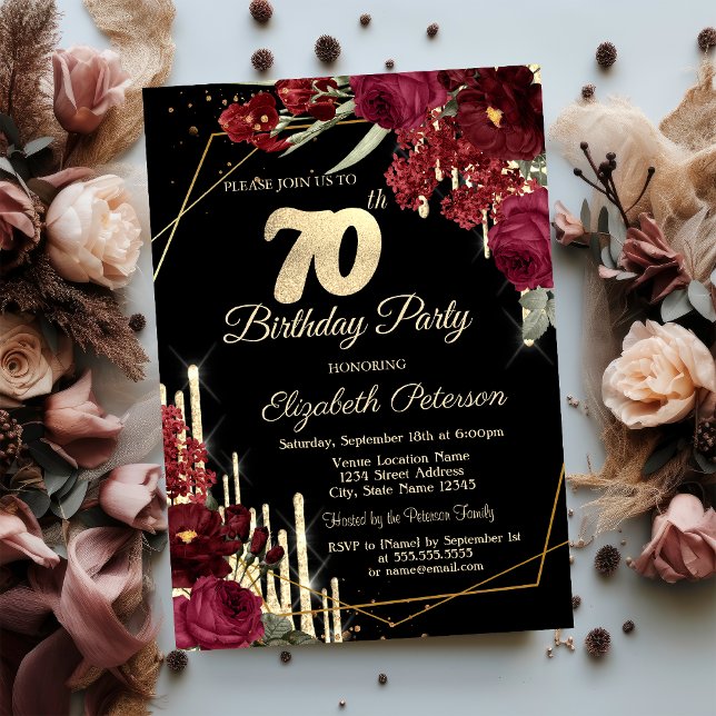Red Roses Glitter Drips Black 70th Birthday   Invitation (Creator Uploaded)