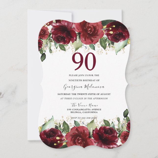 Red Roses Glitter Floral 90th Birthday Party Invitation (Front)