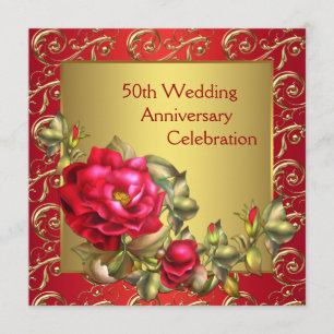 Red Roses Gold 50th Wedding Anniversary Invitation