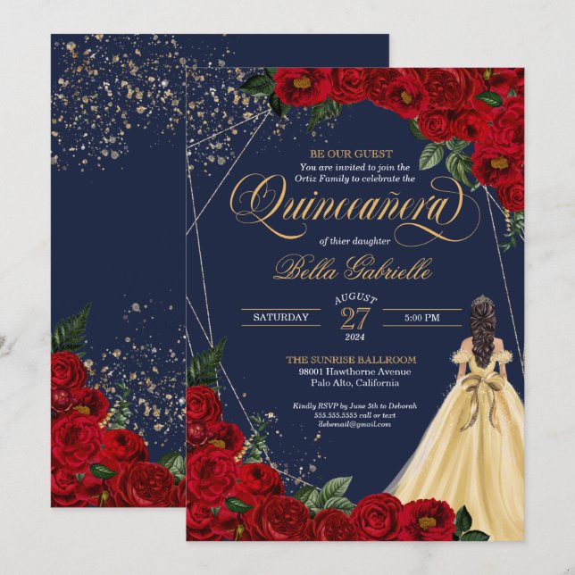 Red Roses Gold Beauty & the Beast Quinceañera Invitation (Front/Back)