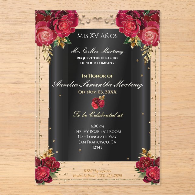 Red Roses, Gold, & Black Quinceañera  Acrylic Invitations (Front)