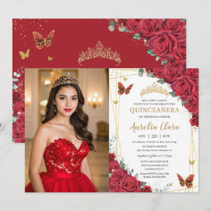 Red Roses Gold Butterflies Quinceanera Photo Invitation