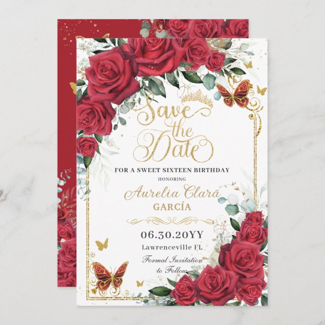 Red Roses Gold Butterflies Quinceanera Sweet 16  Save The Date (Front/Back)