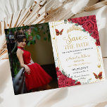 Red Roses Gold Butterflies Sweet Sixteen Photo Save The Date<br><div class="desc">Personalise this beautiful red roses photo / picture save the date card easily and quickly. Simply click the "Edit Using Design Tools" button to modify the text, wording, font style, font size, and font colour. You can also add or remove text, and move or remove images. The butterflies and crown...</div>
