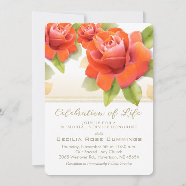 Red Roses Gold Celebration of Life Memorial Invite (Front)