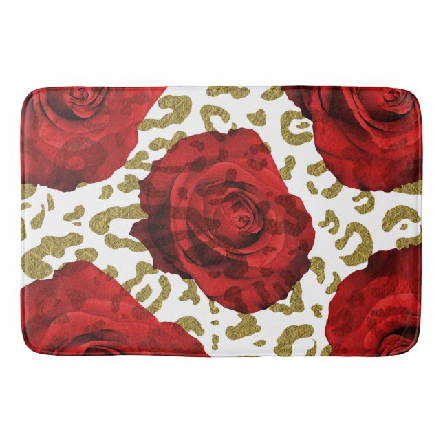 Red Roses Gold Cheetah Leopard Animal Print Bath Mat (Front)