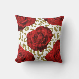 Red Roses Gold Cheetah Leopard Animal Print Cushion