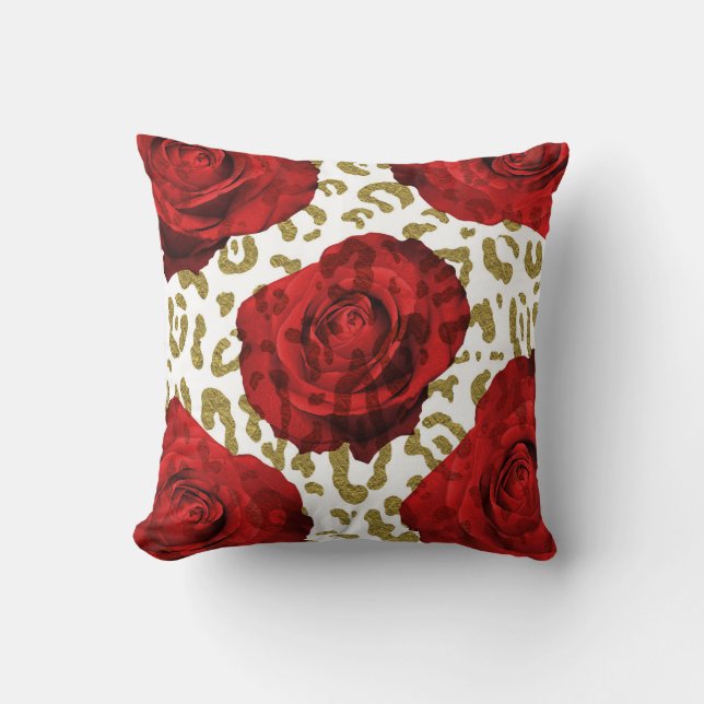 Red Roses Gold Cheetah Leopard Animal Print Cushion (Front)