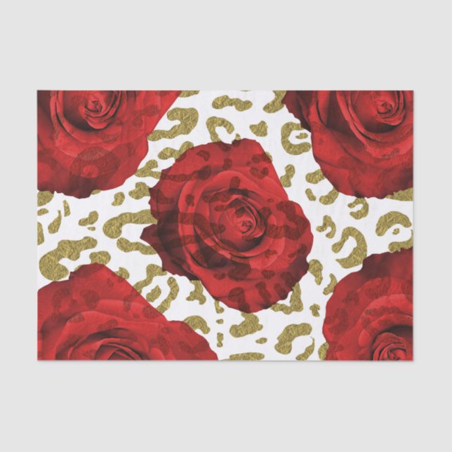 Red Roses Gold Cheetah Leopard Animal Print Party Tissue Paper (Front)