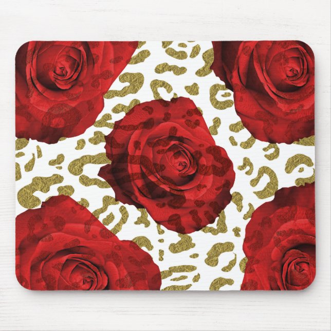 Red Roses Gold Cheetah Leopard Glam Animal Print Mouse Mat (Front)