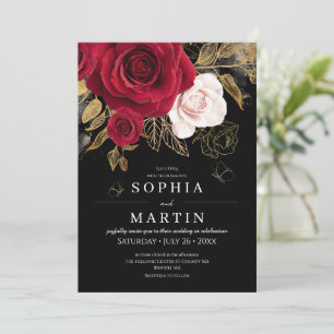 Red Roses & Gold Elegant Floral Dark Wedding Invitation