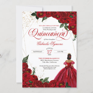 Red Roses & Gold Elegant Gown Quinceañera Invitation