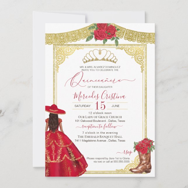 Red Roses Gold Elegant Western Charro Quinceanera Invitation (Front)