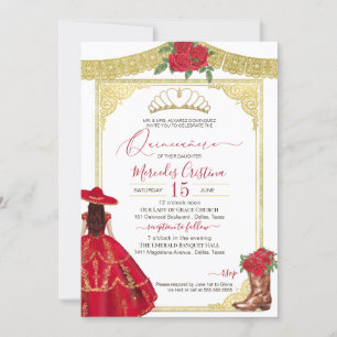 Red Roses Gold Elegant Western Charro Quinceanera Invitation