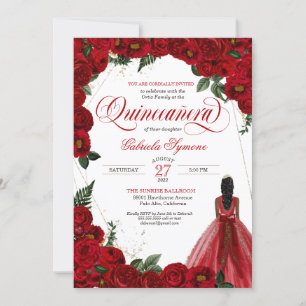 Red Roses & Gold Fancy Red Ball Gown Quinceañera I Invitation