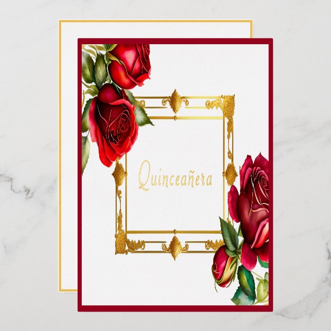 Red Roses Gold Frame Quinceañera  (Front/Back)