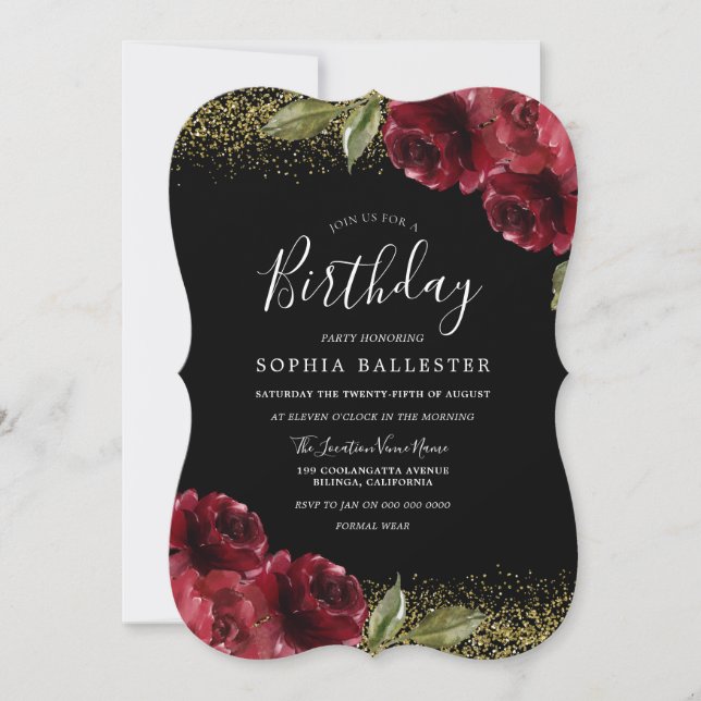 Red Roses Gold Glitter All years birthday Party Invitation (Front)