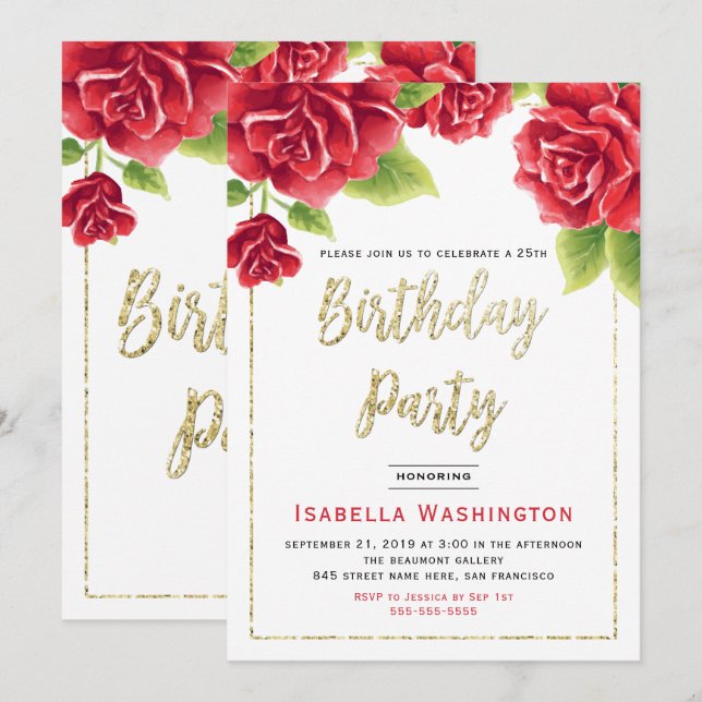 Red Roses & Gold Glitter Birthday Party Invitation (Front/Back)