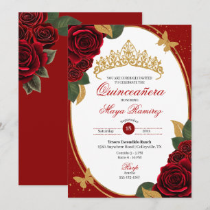 Red Roses Gold Glitter Butterfly Quinceañera  Invitation