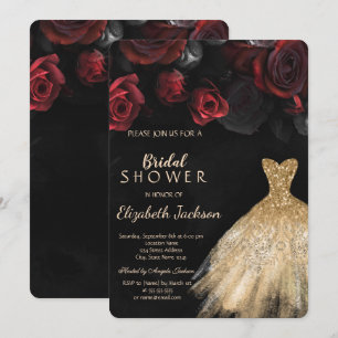 Red Roses Gold Glitter Dress Bridal Shower Invitation