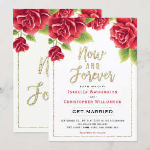 Red Roses & Gold Glitter Now and Forever Wedding Invitation