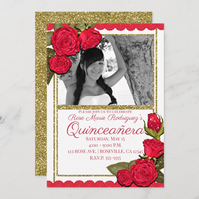 Red Roses Gold Glitter Quinceañera Birthday Party Invitation (Front/Back)
