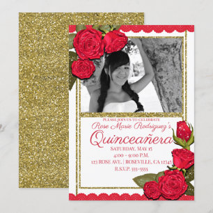 Red Roses Gold Glitter Quinceañera Birthday Party Invitation