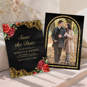 Red Roses Gold Lace Black Photo Wedding Save The Date