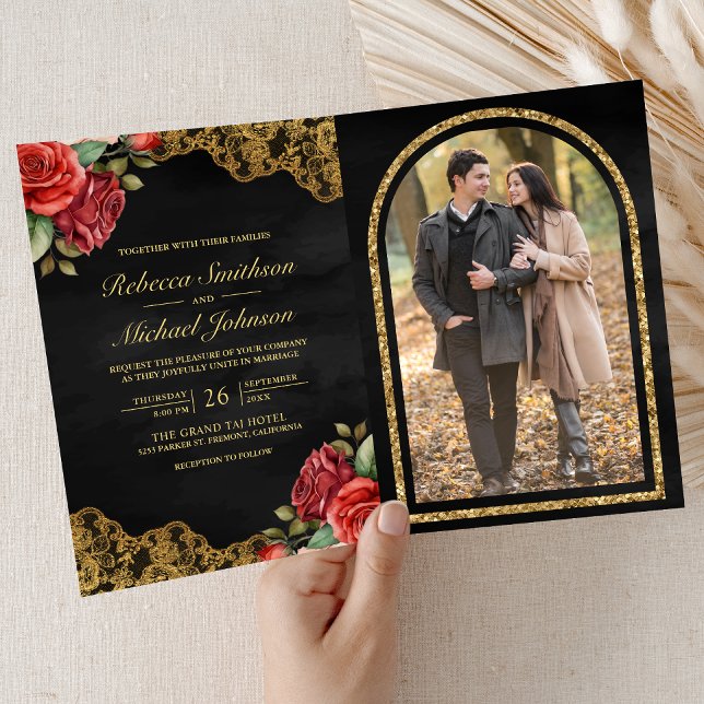 Red Roses Gold Lace Black QR Code Photo Wedding Invitation (Creator Uploaded)