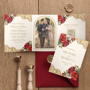 Red Roses Gold Lace Cream QR Code Photo Wedding Tri-Fold Invitation