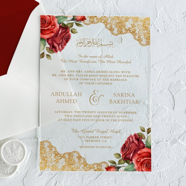 Red Roses Gold Lace Muslim Wedding Acrylic Invitations (Creator Uploaded)
