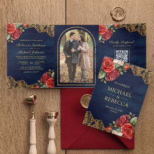 Red Roses Gold Lace Navy QR Code Photo Wedding Tri-Fold Invitation