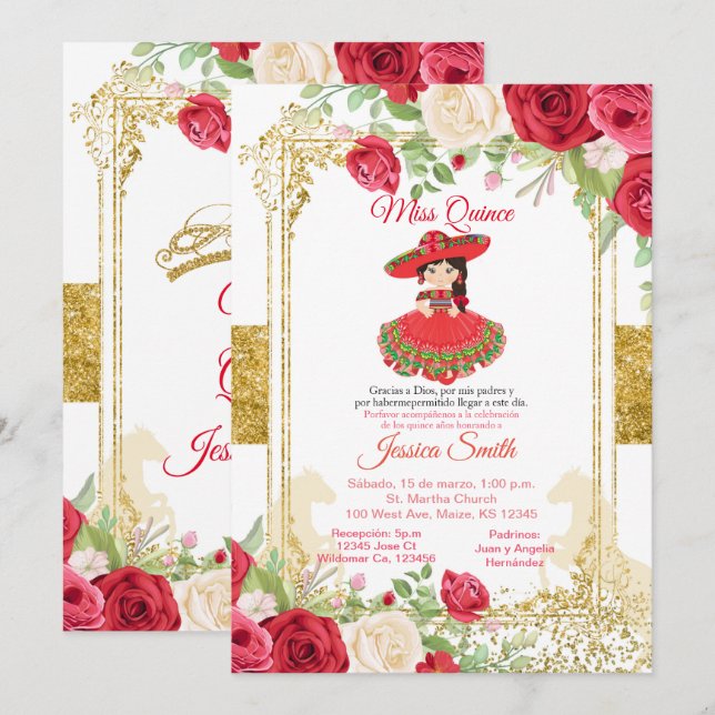 Red Roses & Gold Miss Quinceañera Mexican Invitation (Front/Back)